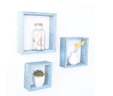 Set Of 3 Square Robins Egg Blue Reclaimed Wood Open Box Shelve