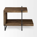 Medium Brown Wood U Shaped Side Table With Extended Storage Shelf