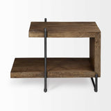 Medium Brown Wood U Shaped Side Table With Extended Storage Shelf