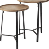 Set Of 2 Medium Brown Wood Round Top Side Tables With Marble Nesting