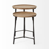 Set Of 2 Round Brown Solid Wood Iron Base Nesting Side Tables