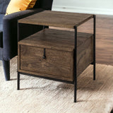 Square Top End Table With Dark Brown Wood And Iron Black Frame