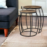 Set Of 2 Brown Wooden Round Top Accent Tables With Black Metal Frame Nesting