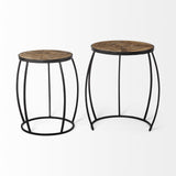 Set Of 2 Brown Wooden Round Top Accent Tables With Black Metal Frame Nesting