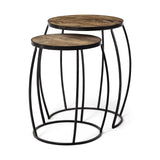 Set Of 2 Medium Brown Wooden Round Top Accent Tables With Black Metal Frame Nesting Tables