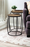 Set Of 2 Medium Brown Wooden Round Top Accent Tables With Black Metal Frame Nesting Tables