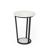 15" Round White Marble Top Accent Table With Black Metal Frame