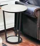 15" Round White Marble Top Accent Table With Black Metal Frame