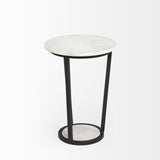 15" Round White Marble Top Accent Table With Black Metal Frame