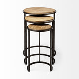 Set Of 3 Brown Wood Round Top Accent Tables With Iron Nesting