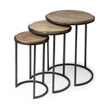 Set Of 3 Brown Wood Round Top Accent Tables With Iron Nesting