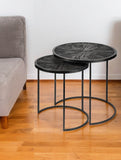 Set Of 2 Dark Wood Round Top Accent Tables With Black Iron Frame