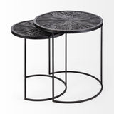 Set Of 2 Dark Wood Round Top Accent Tables With Black Iron Frame