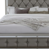 Silver Champagne Tone Queen Bed Padded Headboard Padded Footboard Mirror Trim Accents