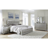 Silver Champagne Tone Queen Bed Padded Headboard Padded Footboard Mirror Trim Accents