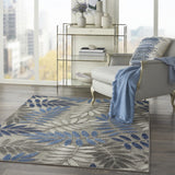 2' X 10' Grey/Blue Floral Indoor Outdoor Area Rug