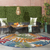 8' Round Ivory And Blue Round Floral Indoor Outdoor Area Rug