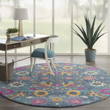 8' Blue And Orange Round Floral Power Loom Area Rug