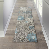 8' Blue And Gray Floral Power Loom Runner Rug