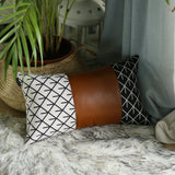 Rectangular Rustic Brown Faux Leather And Geometric Patterns Lumbar Pillow Cover