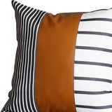 20" X 20" Black And White Stripes And Faux Leather Pillow Cover