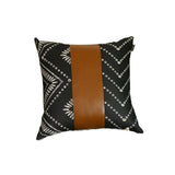 Set Of 2 Ikat Styled Patterns And Bright Brown Faux Leather Pillow Covers