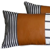 Set Of 2 Striped And Bright Brown Faux Leather Lumbar Pillow Covers