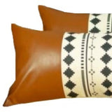 Set Of 2 Diamond Patterned And Brown Faux Leather Lumbar Pillow Covers