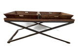 Modern Black Iron X Leg Wood Tray Coffee Table