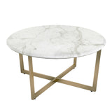 36" White And Gold Faux Marble Round Coffee Table