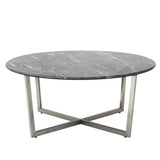 36" Black And Silver Faux Marble Round Coffee Table