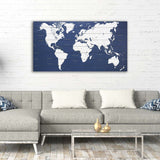 Blue and White World Map Wood Plank Wall Art