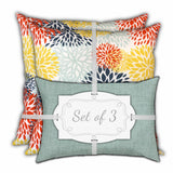 Set Of Three 19" X 19" Seafoam And White Zippered Floral Throw Indoor Outdoor Pillow Cover