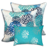 Set Of Three 19" X 19" Ocean Blue And White Zippered Floral Throw Indoor Outdoor Pillow Cover