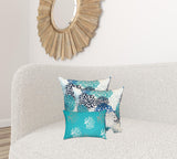 Set Of Three 19" X 19" Ocean Blue And White Zippered Floral Throw Indoor Outdoor Pillow Cover