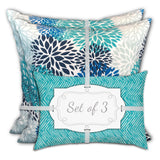 Set Of Three 19" X 19" Blue And White Zippered Floral Throw Indoor Outdoor Pillow Cover