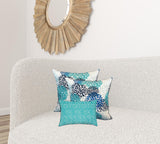 Set Of Three 19" X 19" Blue And White Zippered Floral Throw Indoor Outdoor Pillow Cover