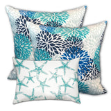 Set Of Three 19" X 19" Blue And White Zippered Floral Throw Indoor Outdoor Pillow Cover