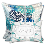 Set Of Three 19" X 19" Blue And White Zippered Floral Throw Indoor Outdoor Pillow Cover