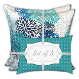 Set Of Three 19" X 19" Blue And White Zippered Floral Throw Indoor Outdoor Pillow Cover