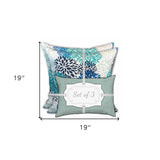 Set Of Three 19" X 19" Blue And White Zippered Floral Throw Indoor Outdoor Pillow Cover