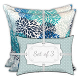 Set Of Three 19" X 19" Blue And White Zippered Floral Throw Indoor Outdoor Pillow Cover