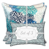 Set Of Three 19" X 19" Blue And White Zippered Floral Throw Indoor Outdoor Pillow Cover