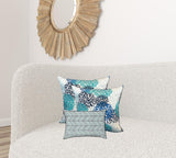 Set Of Three 19" X 19" Blue And White Zippered Floral Throw Indoor Outdoor Pillow Cover