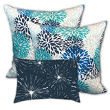 Set Of Three 19" X 19" Blue And White Zippered Floral Throw Indoor Outdoor Pillow Cover