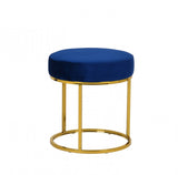 16" Blue Velvet And Gold Round Footstool Ottoman