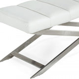 47" White and Silver Upholstered Faux Leather Dining Bench