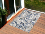 2’ x 4’ Blue Gray Jacobean Floral Indoor Outdoor Area Rug