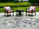 8’ Round Blue Gray Jacobean Floral Indoor Outdoor Area Rug