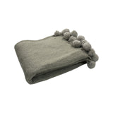 Plush Grey Wool Blend Throw With Pom Pom Trim Detail